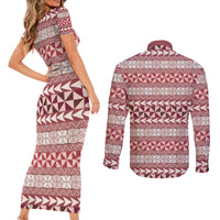 Pasifika Sataoa Pattern Simple Motif Couples Matching Short Sleeve Bodycon Dress and Long Sleeve Button Shirt Cherry LT9 - Polynesian Pride