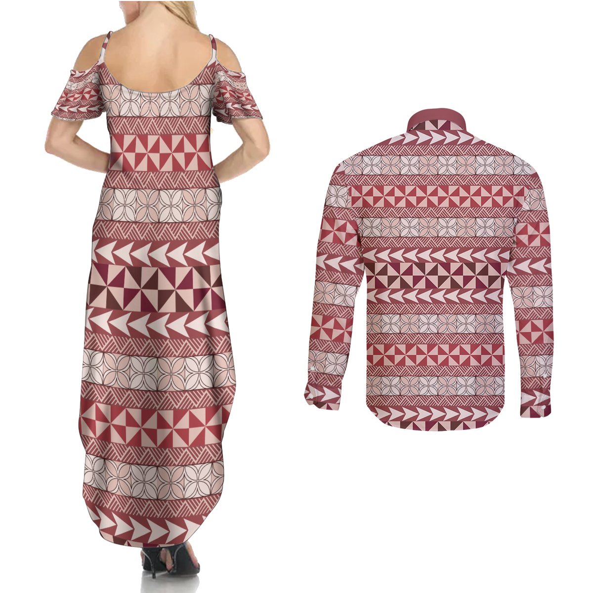 Pasifika Sataoa Pattern Simple Motif Couples Matching Summer Maxi Dress and Long Sleeve Button Shirt Cherry LT9 - Polynesian Pride