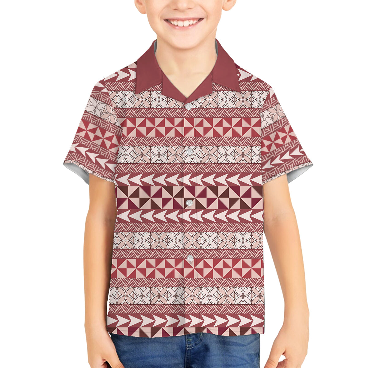 Pasifika Sataoa Pattern Simple Motif Family Matching Off Shoulder Long Sleeve Dress and Hawaiian Shirt Cherry LT9 Son's Shirt Cherry - Polynesian Pride