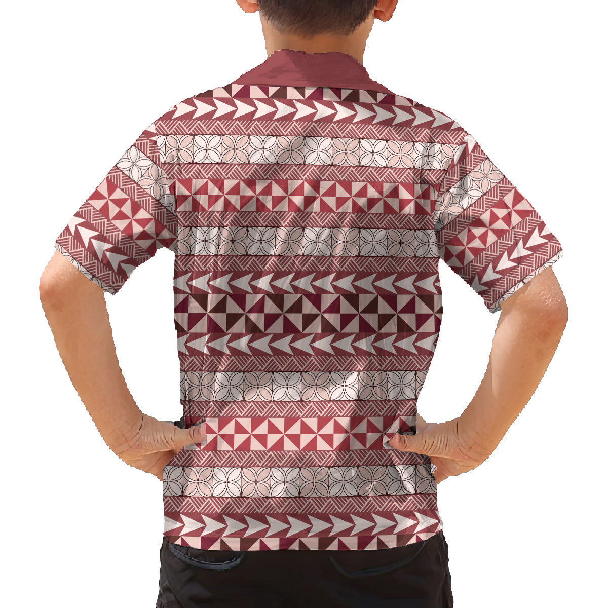 Pasifika Sataoa Pattern Simple Motif Family Matching Off Shoulder Short Dress and Hawaiian Shirt Cherry LT9 - Polynesian Pride