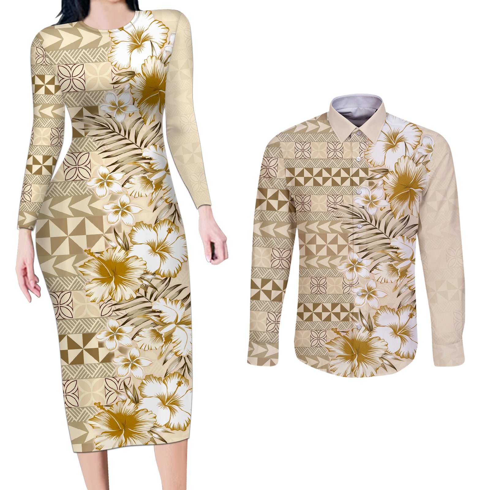 Pasifika Sataoa Pattern Plumeria Vintage Couples Matching Long Sleeve Bodycon Dress and Long Sleeve Button Shirt Beige Tan LT9 Beige Tan - Polynesian Pride