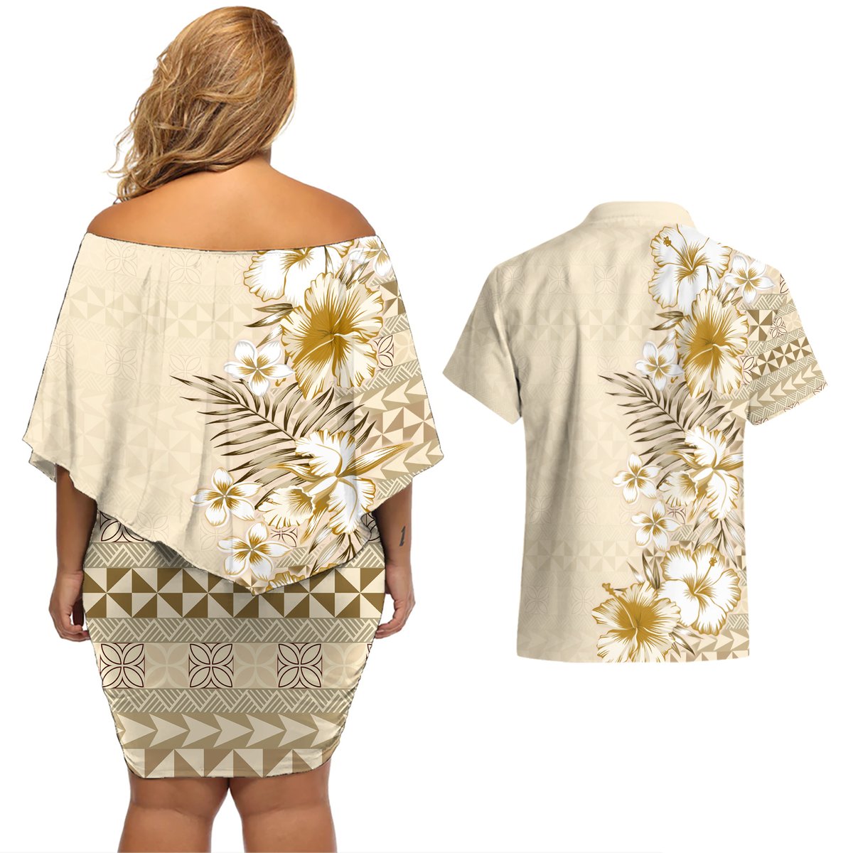 Pasifika Sataoa Pattern Plumeria Vintage Couples Matching Off Shoulder Short Dress and Hawaiian Shirt Beige Tan LT9 - Polynesian Pride