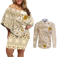 Pasifika Sataoa Pattern Plumeria Vintage Couples Matching Off Shoulder Short Dress and Long Sleeve Button Shirt Beige Tan LT9 Beige Tan - Polynesian Pride