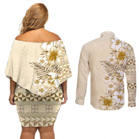 Pasifika Sataoa Pattern Plumeria Vintage Couples Matching Off Shoulder Short Dress and Long Sleeve Button Shirt Beige Tan LT9 - Polynesian Pride