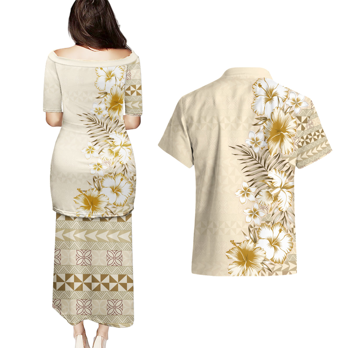 Pasifika Sataoa Pattern Plumeria Vintage Couples Matching Puletasi and Hawaiian Shirt Beige Tan LT9 - Polynesian Pride