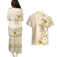 Pasifika Sataoa Pattern Plumeria Vintage Couples Matching Puletasi and Hawaiian Shirt Beige Tan LT9 - Polynesian Pride
