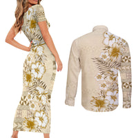 Pasifika Sataoa Pattern Plumeria Vintage Couples Matching Short Sleeve Bodycon Dress and Long Sleeve Button Shirt Beige Tan LT9 - Polynesian Pride