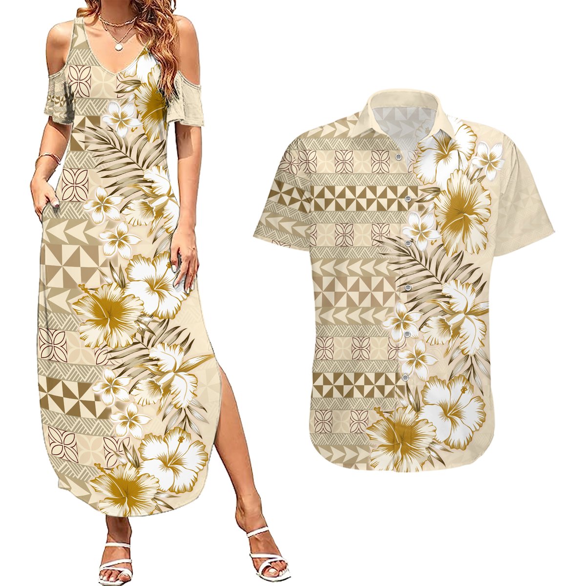 Pasifika Sataoa Pattern Plumeria Vintage Couples Matching Summer Maxi Dress and Hawaiian Shirt Beige Tan LT9 Beige Tan - Polynesian Pride