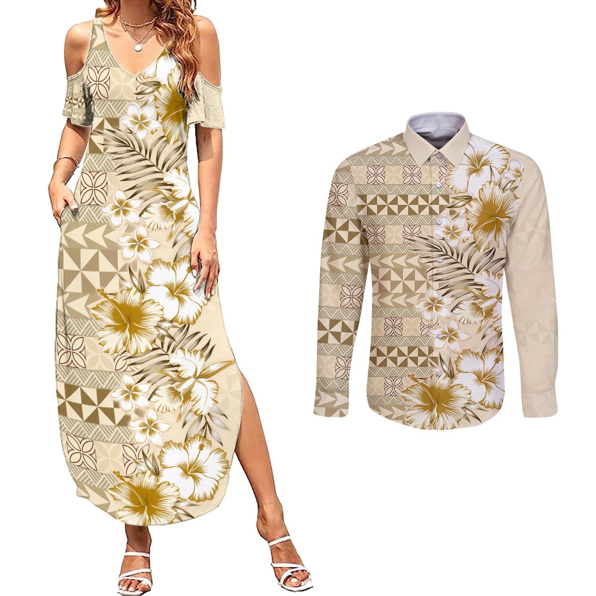 Pasifika Sataoa Pattern Plumeria Vintage Couples Matching Summer Maxi Dress and Long Sleeve Button Shirt Beige Tan LT9 Beige Tan - Polynesian Pride