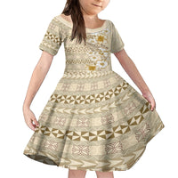 Pasifika Sataoa Pattern Plumeria Vintage Family Matching Off Shoulder Short Dress and Hawaiian Shirt Beige Tan LT9 Daughter's Dress Beige Tan - Polynesian Pride