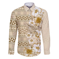 Pasifika Sataoa Pattern Plumeria Vintage Family Matching Off Shoulder Short Dress and Hawaiian Shirt Beige Tan LT9 Dad's Shirt - Long Sleeve Beige Tan - Polynesian Pride