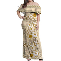 Pasifika Sataoa Pattern Plumeria Vintage Off Shoulder Maxi Dress Beige Tan LT9 Women Beige Tan - Polynesian Pride