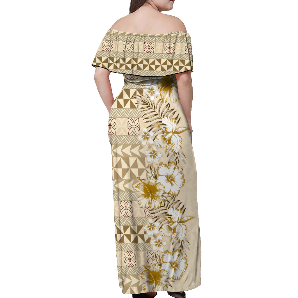 Pasifika Sataoa Pattern Plumeria Vintage Off Shoulder Maxi Dress Beige Tan LT9 - Polynesian Pride