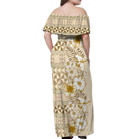 Pasifika Sataoa Pattern Plumeria Vintage Off Shoulder Maxi Dress Beige Tan LT9 - Polynesian Pride