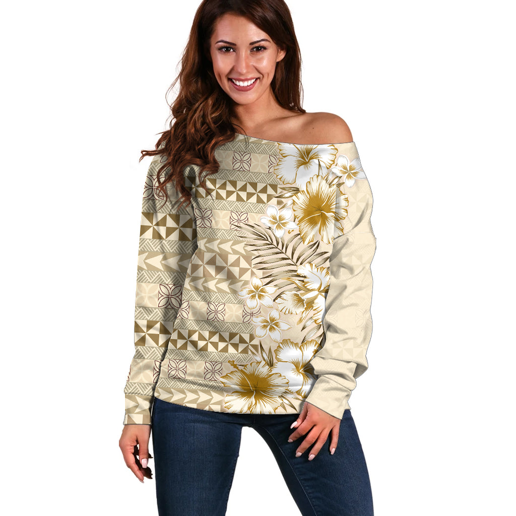 Pasifika Sataoa Pattern Plumeria Vintage Off Shoulder Sweater Beige Tan LT9 Women Beige Tan - Polynesian Pride