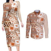 Pasifika Sataoa Pattern Plumeria Vintage Couples Matching Long Sleeve Bodycon Dress and Long Sleeve Button Shirt Brown Beige Tan LT9 Brown - Polynesian Pride