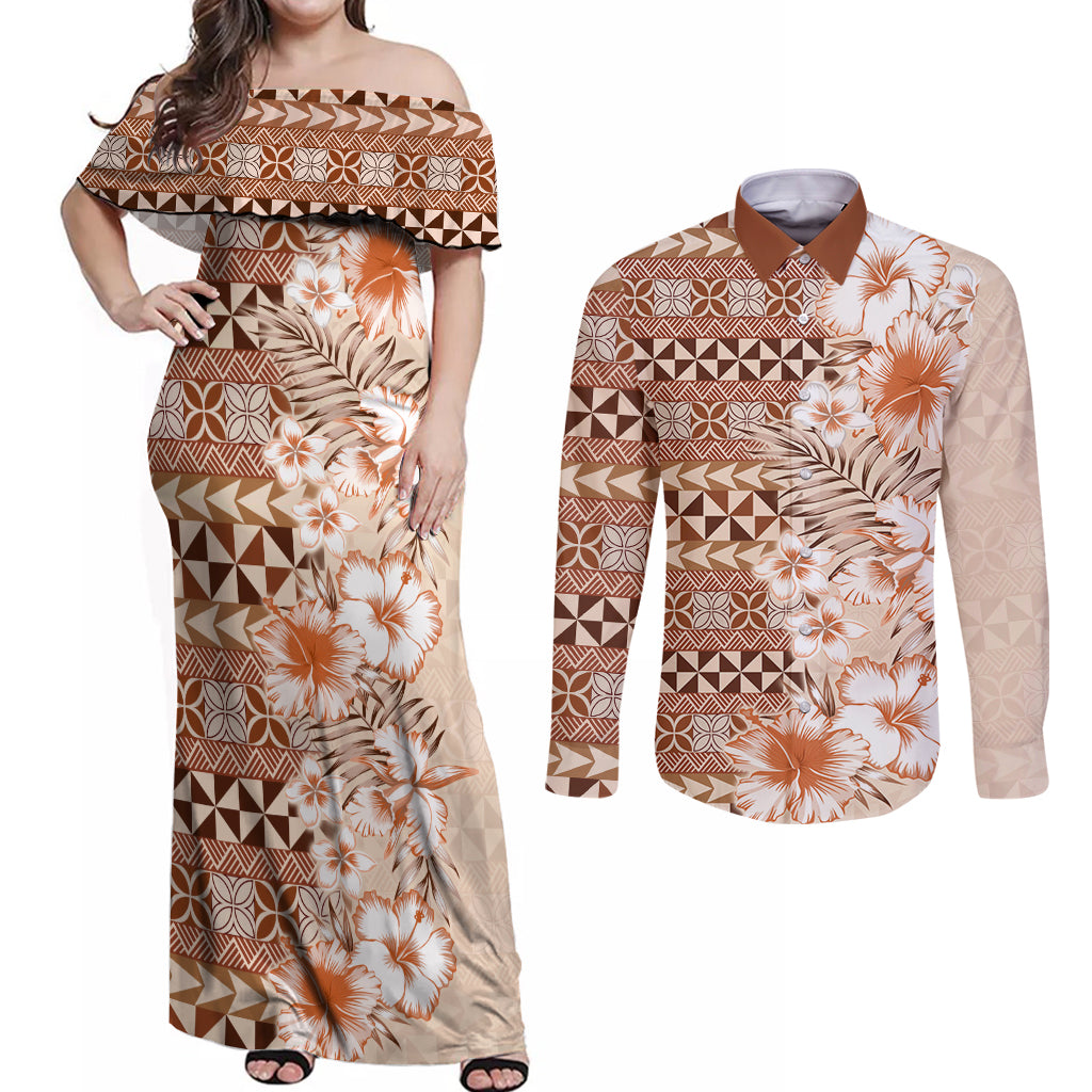 Pasifika Sataoa Pattern Plumeria Vintage Couples Matching Off Shoulder Maxi Dress and Long Sleeve Button Shirt Brown Beige Tan LT9 Brown - Polynesian Pride
