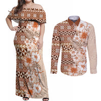 Pasifika Sataoa Pattern Plumeria Vintage Couples Matching Off Shoulder Maxi Dress and Long Sleeve Button Shirt Brown Beige Tan LT9 Brown - Polynesian Pride