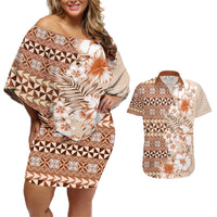 Pasifika Sataoa Pattern Plumeria Vintage Couples Matching Off Shoulder Short Dress and Hawaiian Shirt Brown Beige Tan LT9 Brown - Polynesian Pride