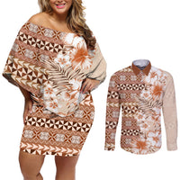 Pasifika Sataoa Pattern Plumeria Vintage Couples Matching Off Shoulder Short Dress and Long Sleeve Button Shirt Brown Beige Tan LT9 Brown - Polynesian Pride