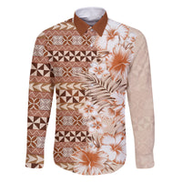 Pasifika Sataoa Pattern Plumeria Vintage Family Matching Mermaid Dress and Hawaiian Shirt Brown Beige Tan LT9 Dad's Shirt - Long Sleeve Brown - Polynesian Pride