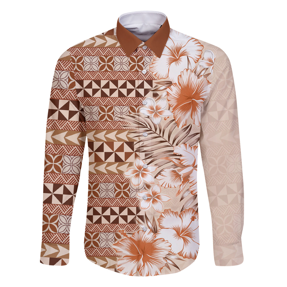 Pasifika Sataoa Pattern Plumeria Vintage Family Matching Tank Maxi Dress and Hawaiian Shirt Brown Beige Tan LT9 Dad's Shirt - Long Sleeve Brown - Polynesian Pride