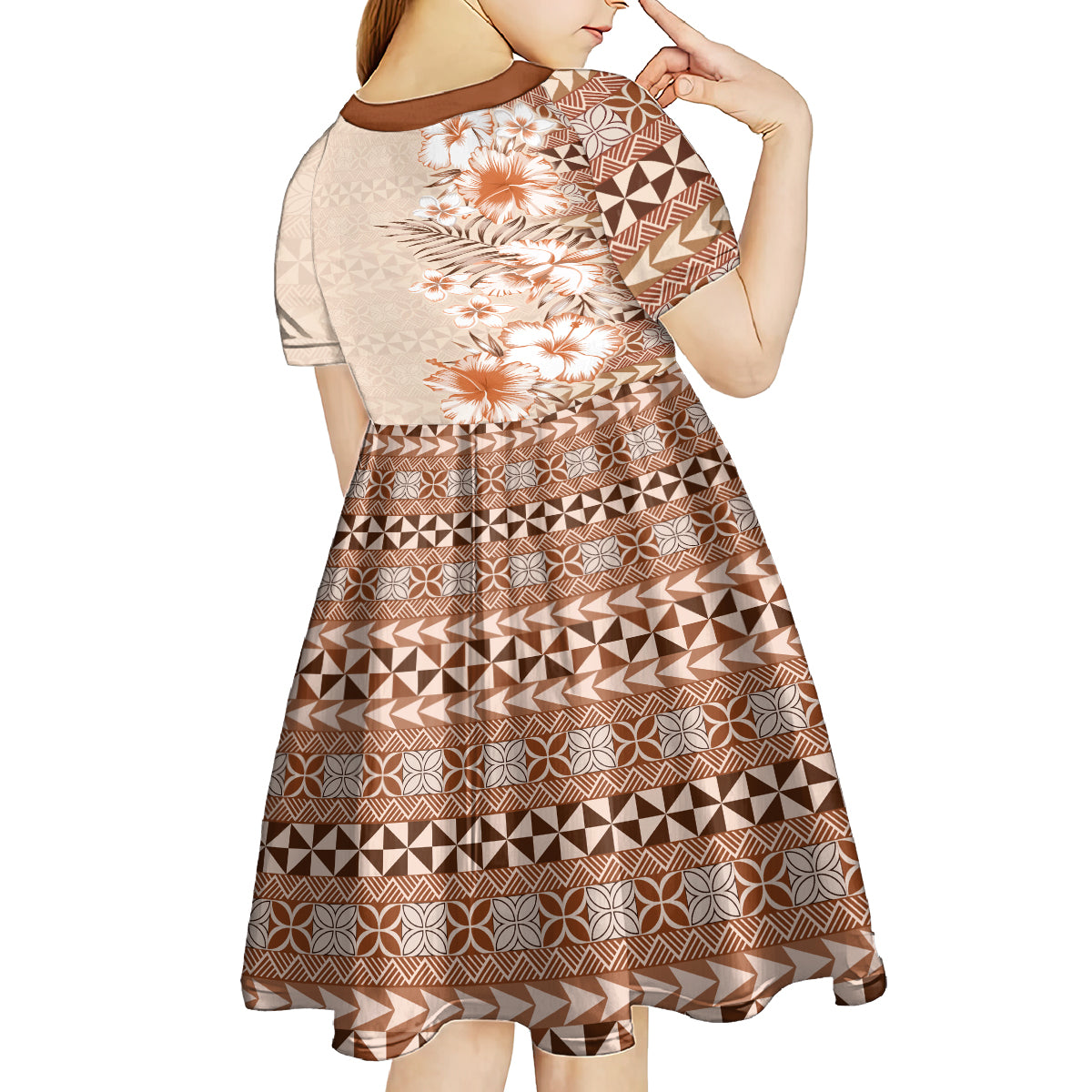 Pasifika Sataoa Pattern Plumeria Vintage Kid Short Sleeve Dress Brown Beige Tan LT9 - Polynesian Pride