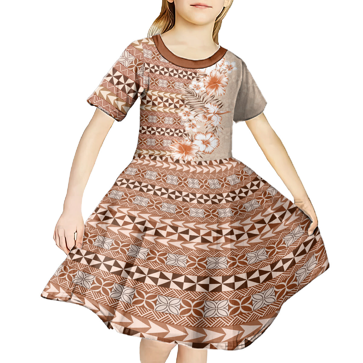 Pasifika Sataoa Pattern Plumeria Vintage Kid Short Sleeve Dress Brown Beige Tan LT9 - Polynesian Pride