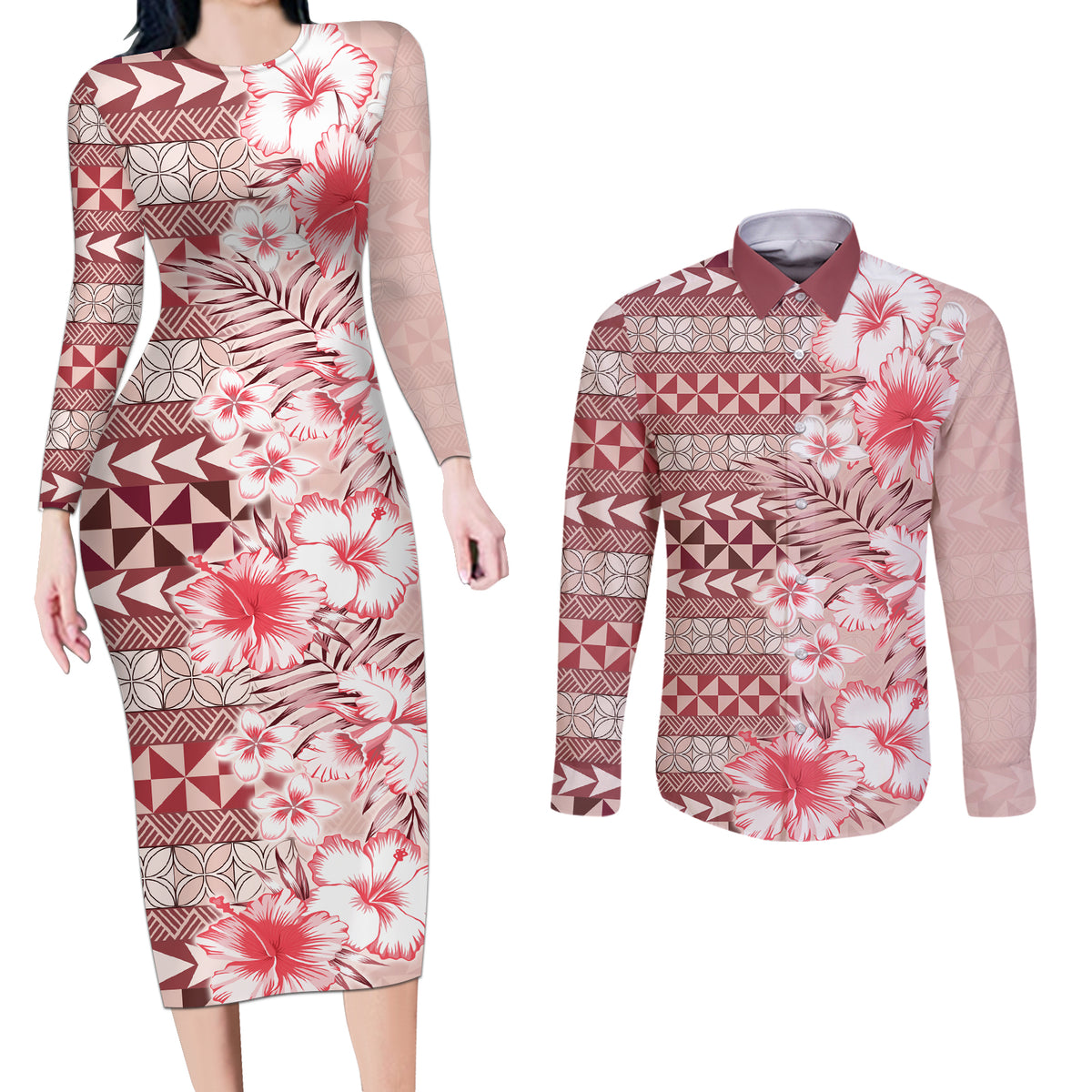 Pasifika Sataoa Pattern Plumeria Vintage Couples Matching Long Sleeve Bodycon Dress and Long Sleeve Button Shirt Cherry LT9 Cherry - Polynesian Pride