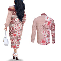 Pasifika Sataoa Pattern Plumeria Vintage Couples Matching Off The Shoulder Long Sleeve Dress and Long Sleeve Button Shirt Cherry LT9 - Polynesian Pride