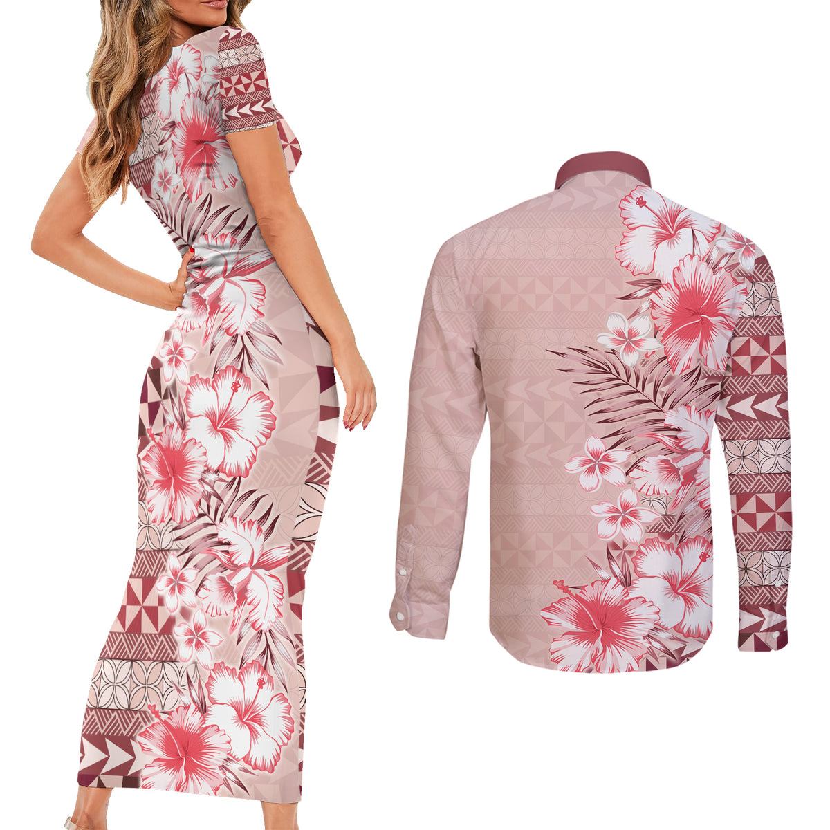 Pasifika Sataoa Pattern Plumeria Vintage Couples Matching Short Sleeve Bodycon Dress and Long Sleeve Button Shirt Cherry LT9 - Polynesian Pride
