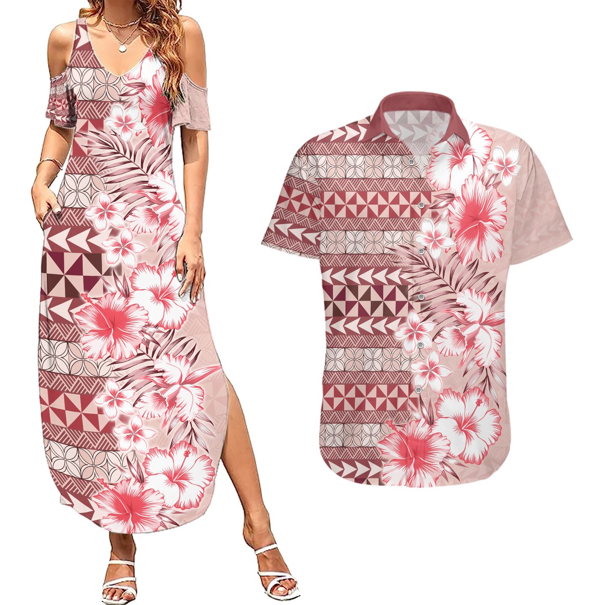 Pasifika Sataoa Pattern Plumeria Vintage Couples Matching Summer Maxi Dress and Hawaiian Shirt Cherry LT9 Cherry - Polynesian Pride
