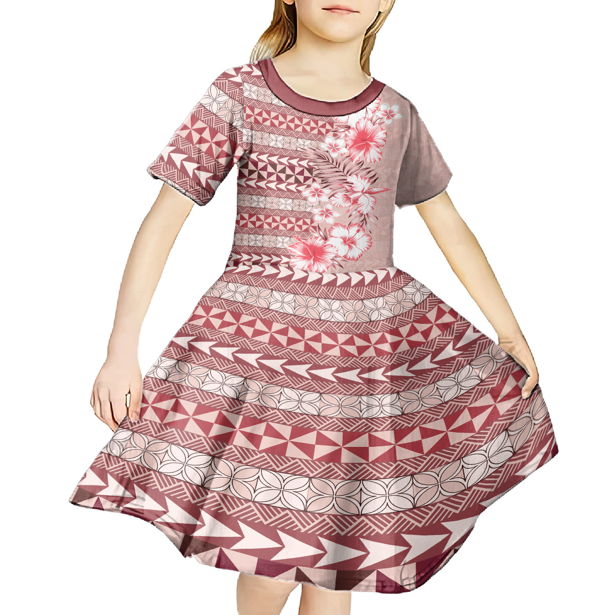 Pasifika Sataoa Pattern Plumeria Vintage Kid Short Sleeve Dress Cherry LT9 - Polynesian Pride