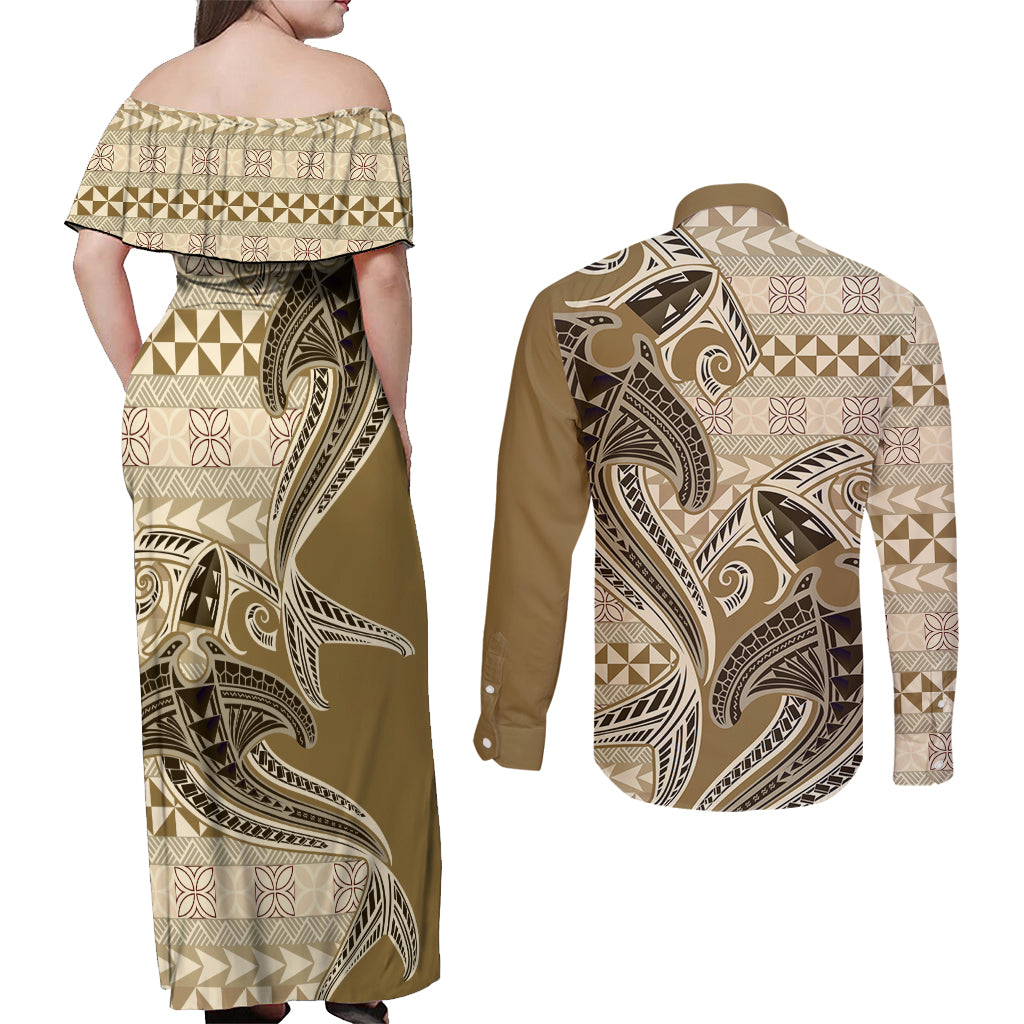 Vintage Hammerhead Shark Valentine Day Couples Matching Off Shoulder Maxi Dress and Long Sleeve Button Shirt Pasifika Sataoa Pattern - Beige Tan LT9 - Polynesian Pride