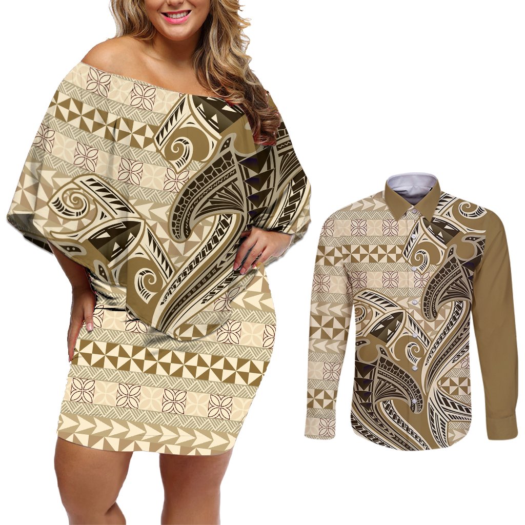 Vintage Hammerhead Shark Valentine Day Couples Matching Off Shoulder Short Dress and Long Sleeve Button Shirt Pasifika Sataoa Pattern - Beige Tan LT9 Beige Tan - Polynesian Pride
