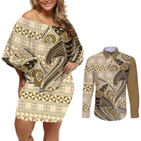 Vintage Hammerhead Shark Valentine Day Couples Matching Off Shoulder Short Dress and Long Sleeve Button Shirt Pasifika Sataoa Pattern - Beige Tan LT9 Beige Tan - Polynesian Pride