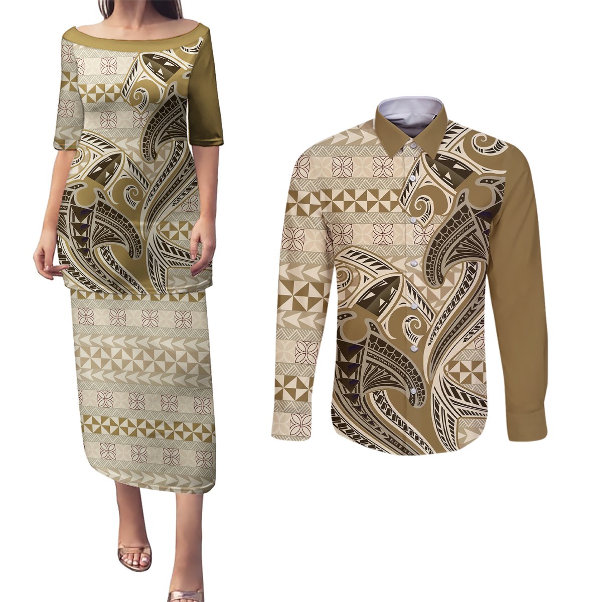 Vintage Hammerhead Shark Valentine Day Couples Matching Puletasi and Long Sleeve Button Shirt Pasifika Sataoa Pattern - Beige Tan LT9 Beige Tan - Polynesian Pride