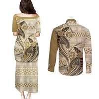 Vintage Hammerhead Shark Valentine Day Couples Matching Puletasi and Long Sleeve Button Shirt Pasifika Sataoa Pattern - Beige Tan LT9 - Polynesian Pride