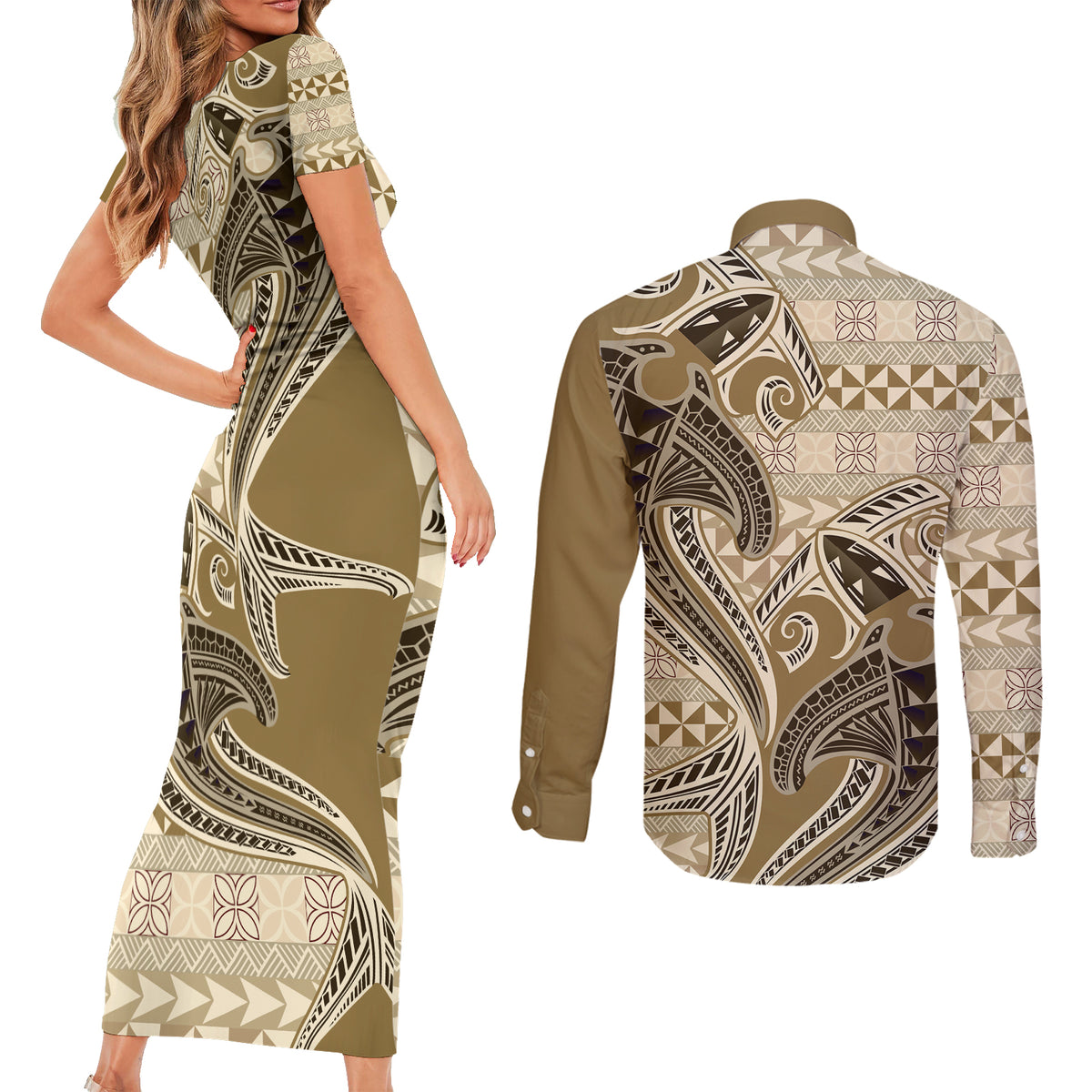Vintage Hammerhead Shark Valentine Day Couples Matching Short Sleeve Bodycon Dress and Long Sleeve Button Shirt Pasifika Sataoa Pattern - Beige Tan LT9 - Polynesian Pride