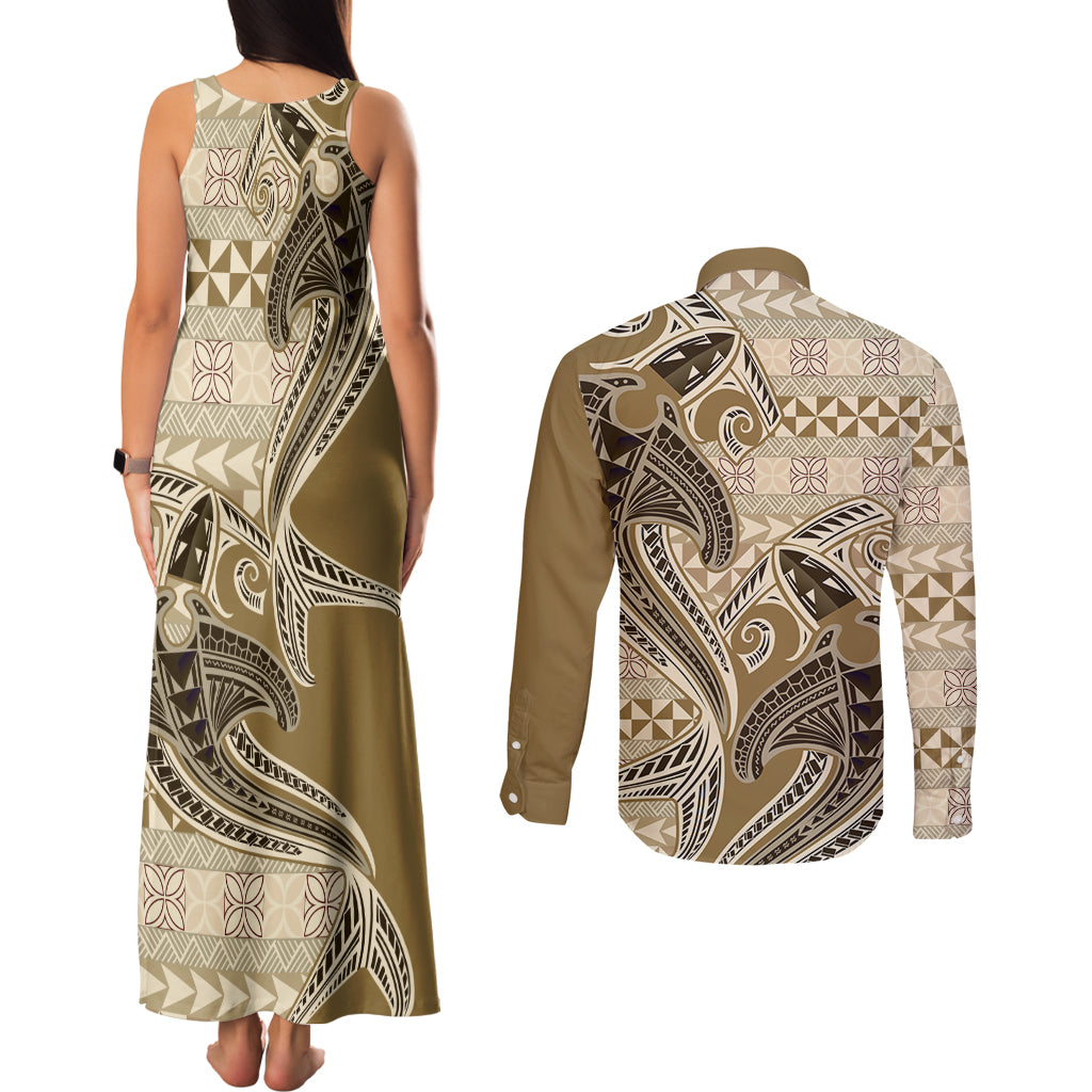 Vintage Hammerhead Shark Valentine Day Couples Matching Tank Maxi Dress and Long Sleeve Button Shirt Pasifika Sataoa Pattern - Beige Tan LT9 - Polynesian Pride
