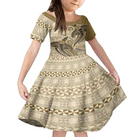 Vintage Hammerhead Shark Valentine Day Family Matching Off Shoulder Long Sleeve Dress and Hawaiian Shirt Pasifika Sataoa Pattern - Beige Tan LT9 Daughter's Dress Beige Tan - Polynesian Pride