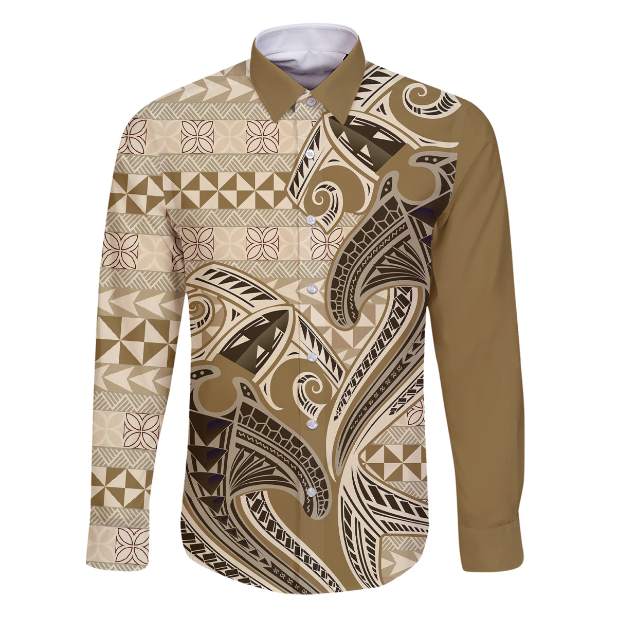 Vintage Hammerhead Shark Valentine Day Family Matching Off Shoulder Long Sleeve Dress and Hawaiian Shirt Pasifika Sataoa Pattern - Beige Tan LT9 Dad's Shirt - Long Sleeve Beige Tan - Polynesian Pride