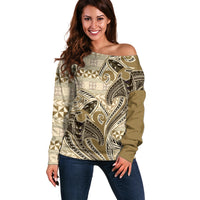 Vintage Hammerhead Shark Valentine Day Off Shoulder Sweater Pasifika Sataoa Pattern - Beige Tan LT9 Women Beige Tan - Polynesian Pride