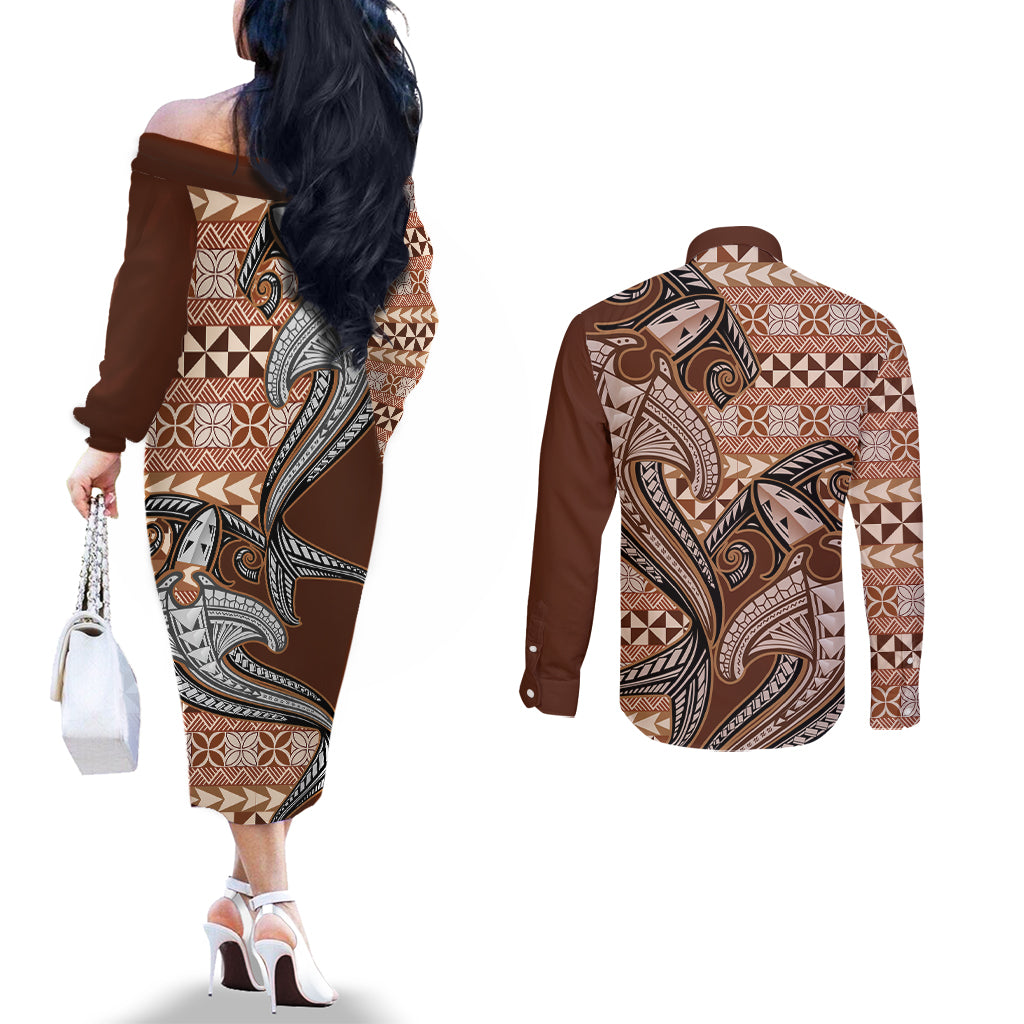 Vintage Hammerhead Shark Valentine Day Couples Matching Off The Shoulder Long Sleeve Dress and Long Sleeve Button Shirt Pasifika Sataoa Pattern - Brown Beige Tan LT9 - Polynesian Pride