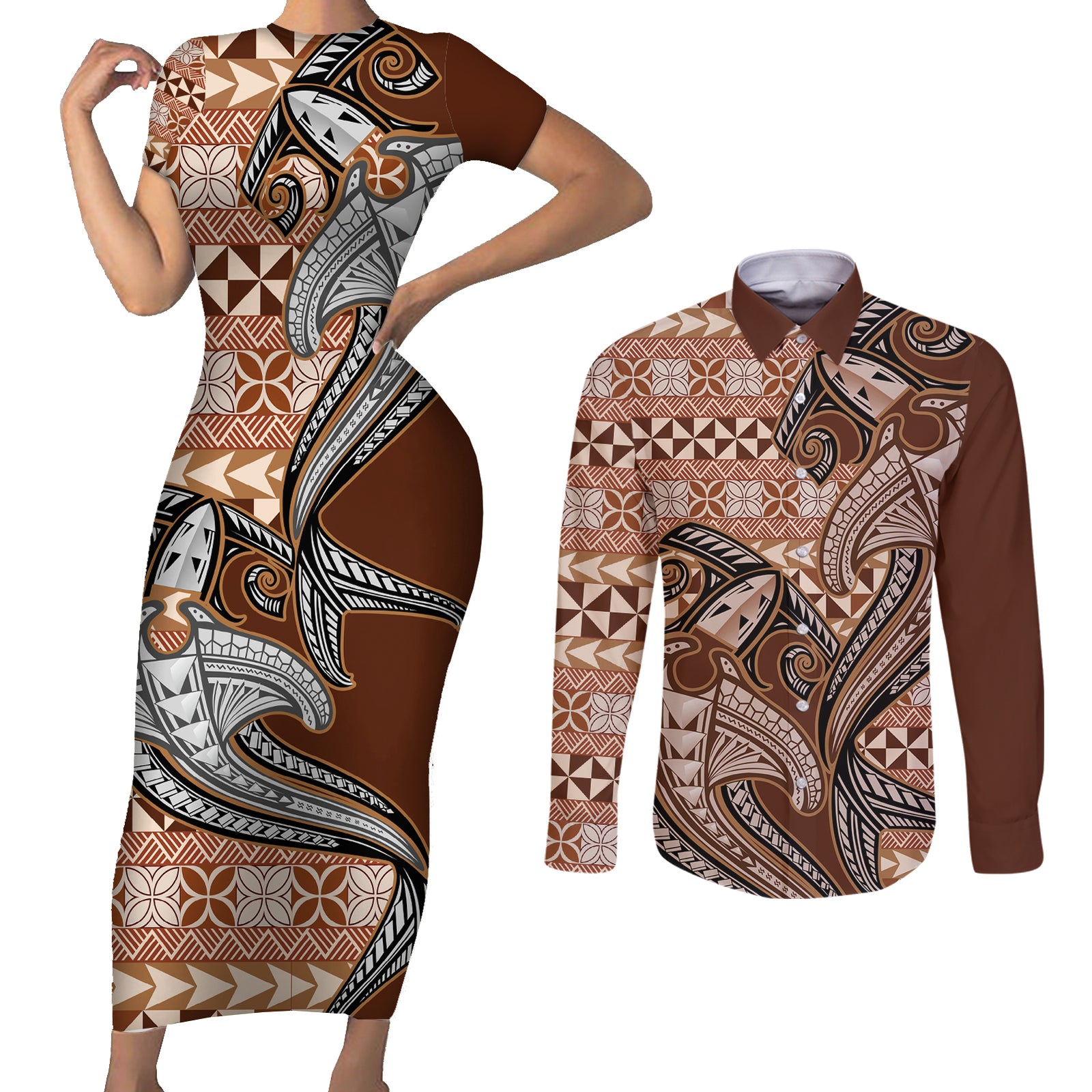Vintage Hammerhead Shark Valentine Day Couples Matching Short Sleeve Bodycon Dress and Long Sleeve Button Shirt Pasifika Sataoa Pattern - Brown Beige Tan LT9 Brown - Polynesian Pride