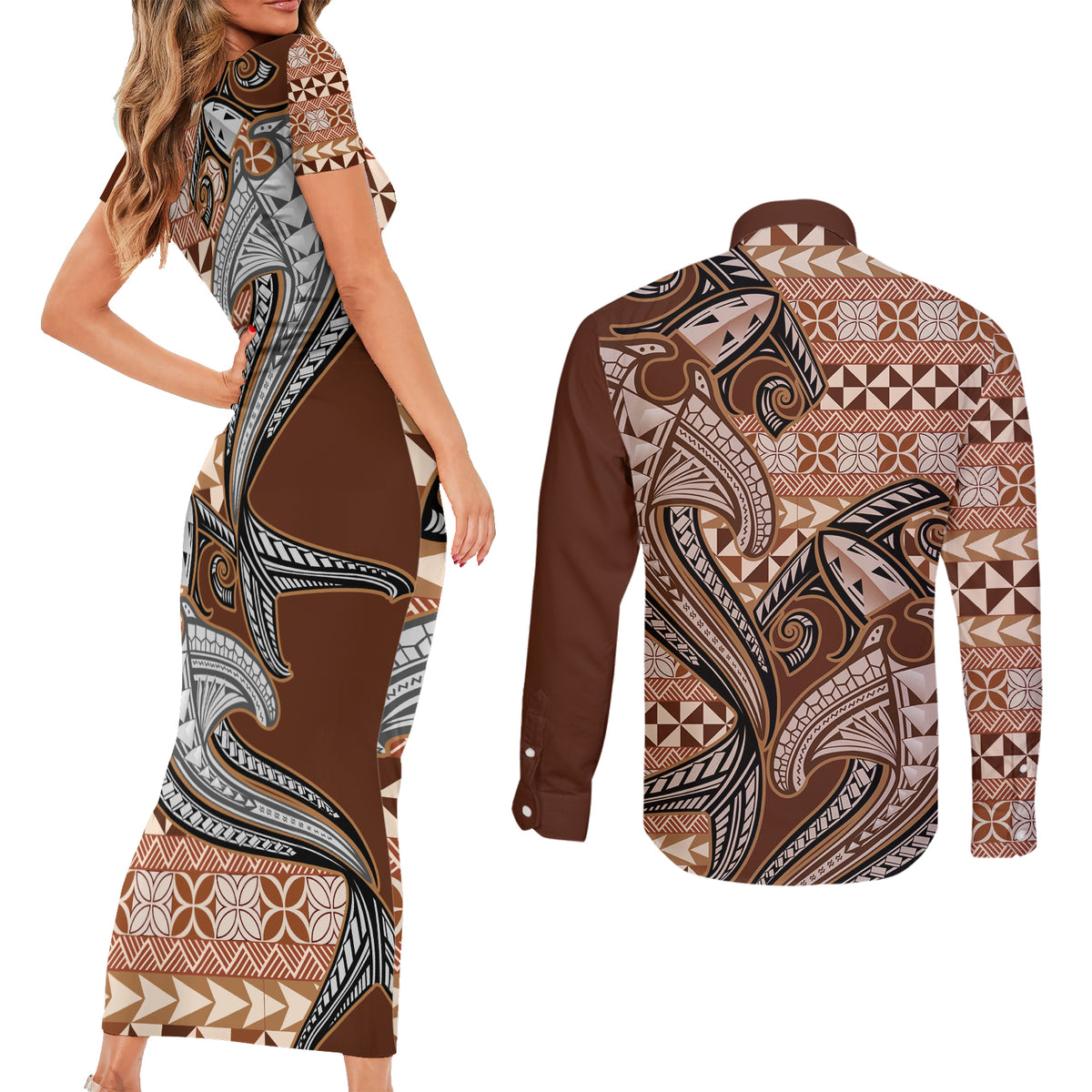 Vintage Hammerhead Shark Valentine Day Couples Matching Short Sleeve Bodycon Dress and Long Sleeve Button Shirt Pasifika Sataoa Pattern - Brown Beige Tan LT9 - Polynesian Pride