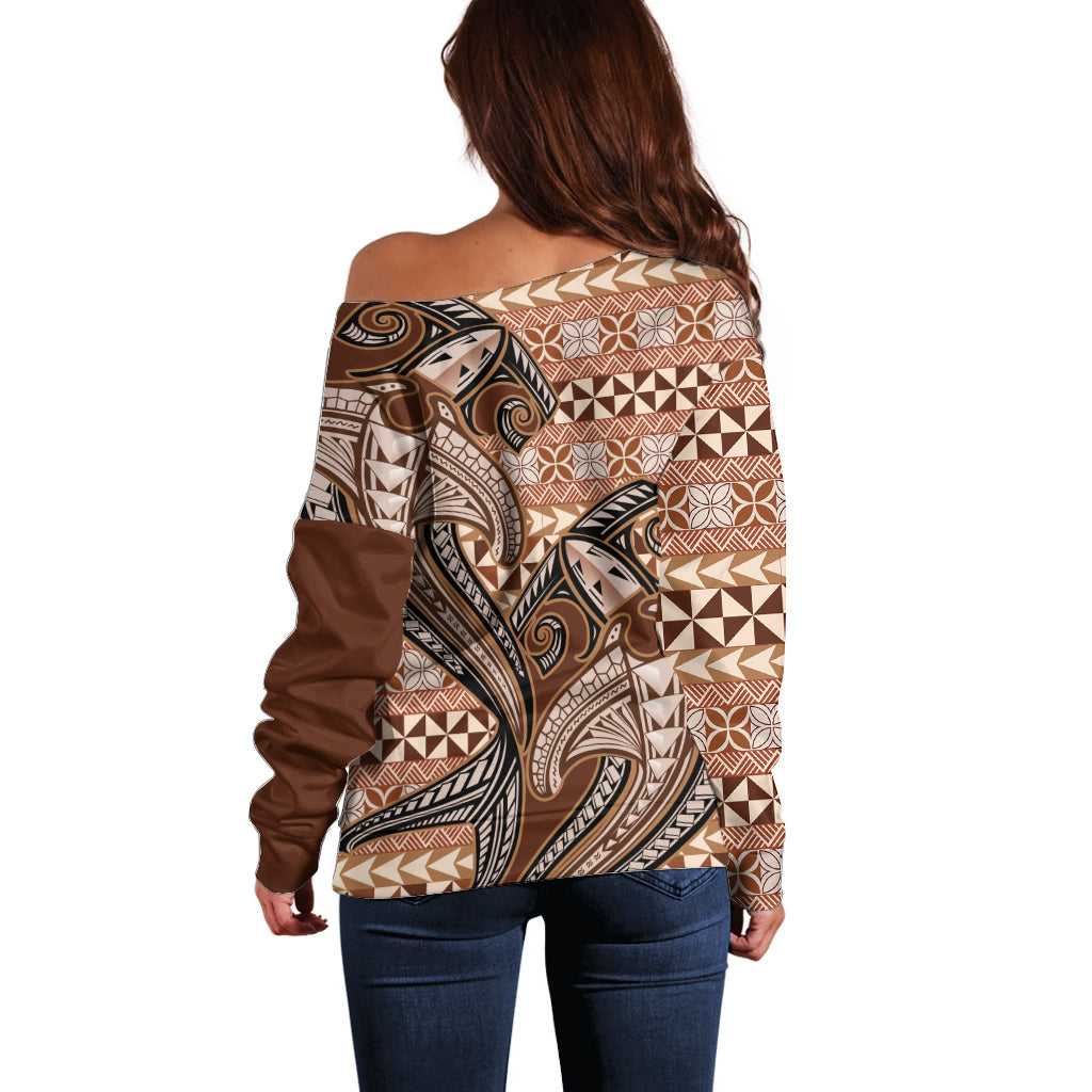 Vintage Hammerhead Shark Valentine Day Off Shoulder Sweater Pasifika Sataoa Pattern - Brown Beige Tan LT9 - Polynesian Pride