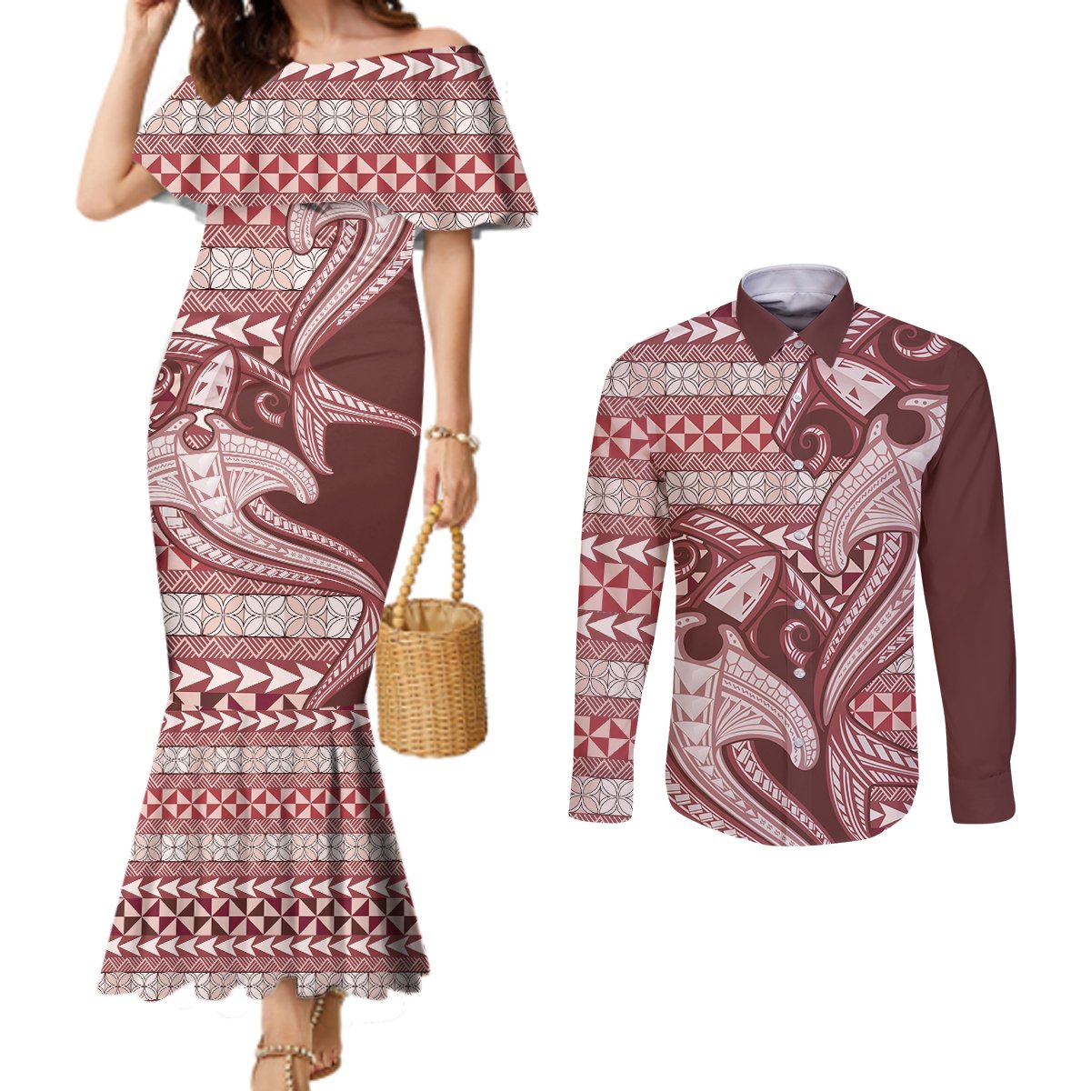 Vintage Hammerhead Shark Valentine Day Couples Matching Mermaid Dress and Long Sleeve Button Shirt Pasifika Sataoa Pattern - Cherry LT9 Cherry - Polynesian Pride