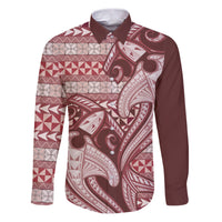 Vintage Hammerhead Shark Valentine Day Family Matching Puletasi and Hawaiian Shirt Pasifika Sataoa Pattern - Cherry LT9 Dad's Shirt - Long Sleeve Cherry - Polynesian Pride