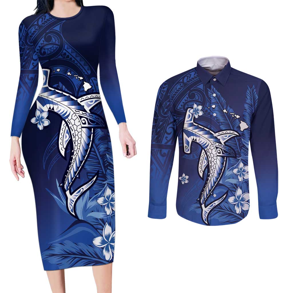 Personalized Hawaiian Maori Hammerhead Shark Couples Matching Long Sleeve Bodycon Dress and Long Sleeve Button Shirt Polu Plumeria LT9 Blue - Polynesian Pride